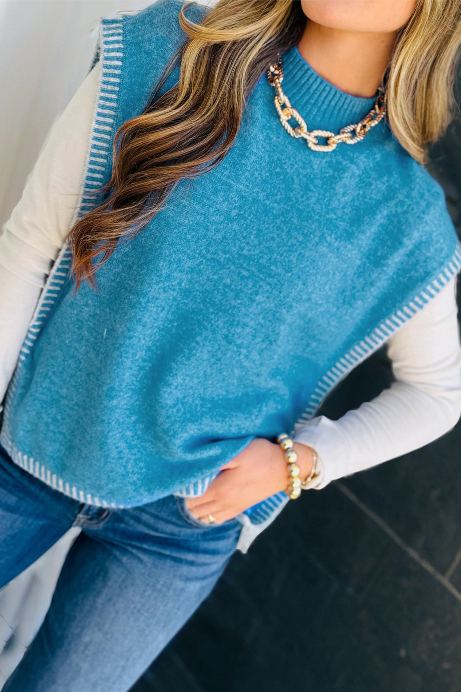 Blue Contrast Stitch Trim Knot Side Mock Neck Sweater Vest