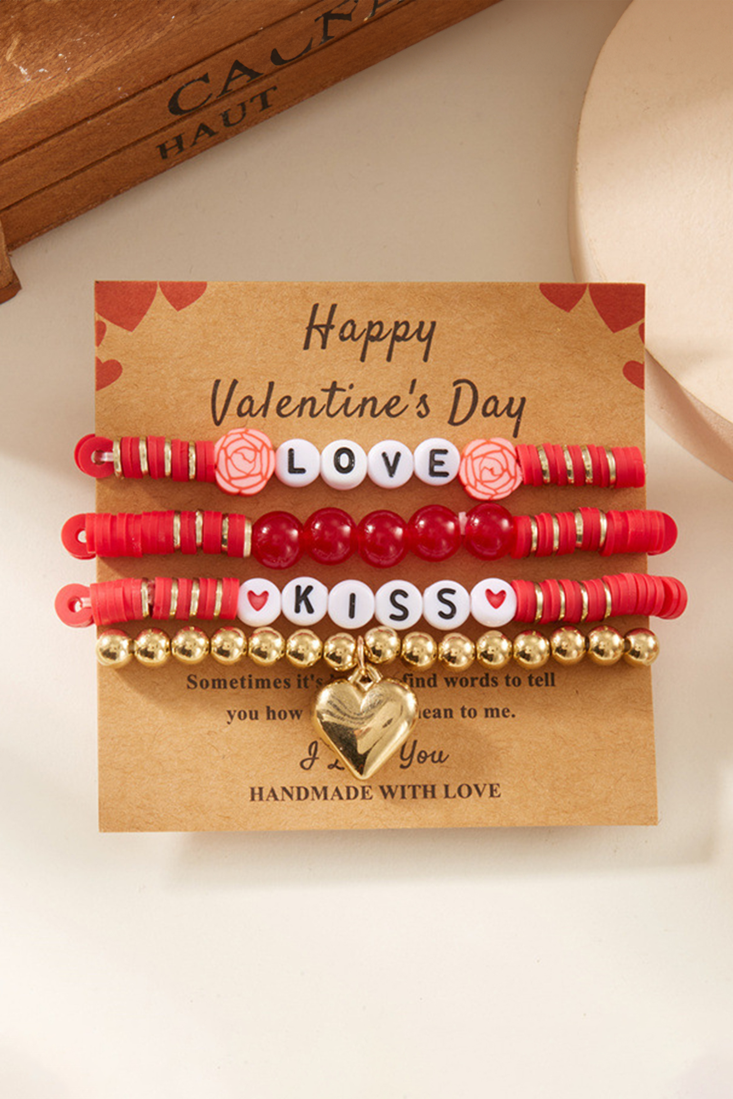 Fiery Red KISS LOVE Valentines Day Golden Beading Bracelets 4pcs Set