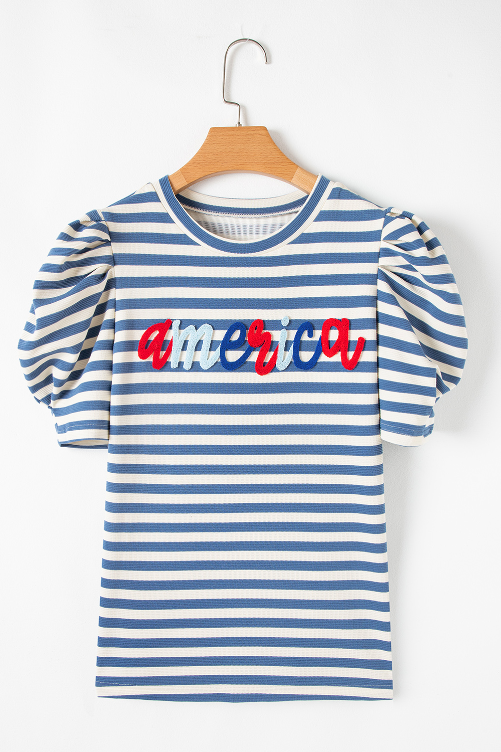 Blue Stripe America Cursive Graphic Puff Sleeve T-shirt