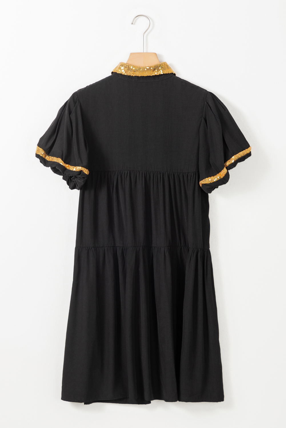 Black Sequin Trim Bubble Sleeve Game Day Shirt Dress