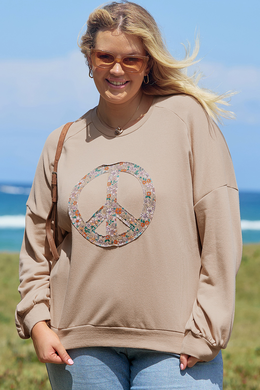 Beige Flower Patch Graphic Exposed Seam Wide Sleeve Top