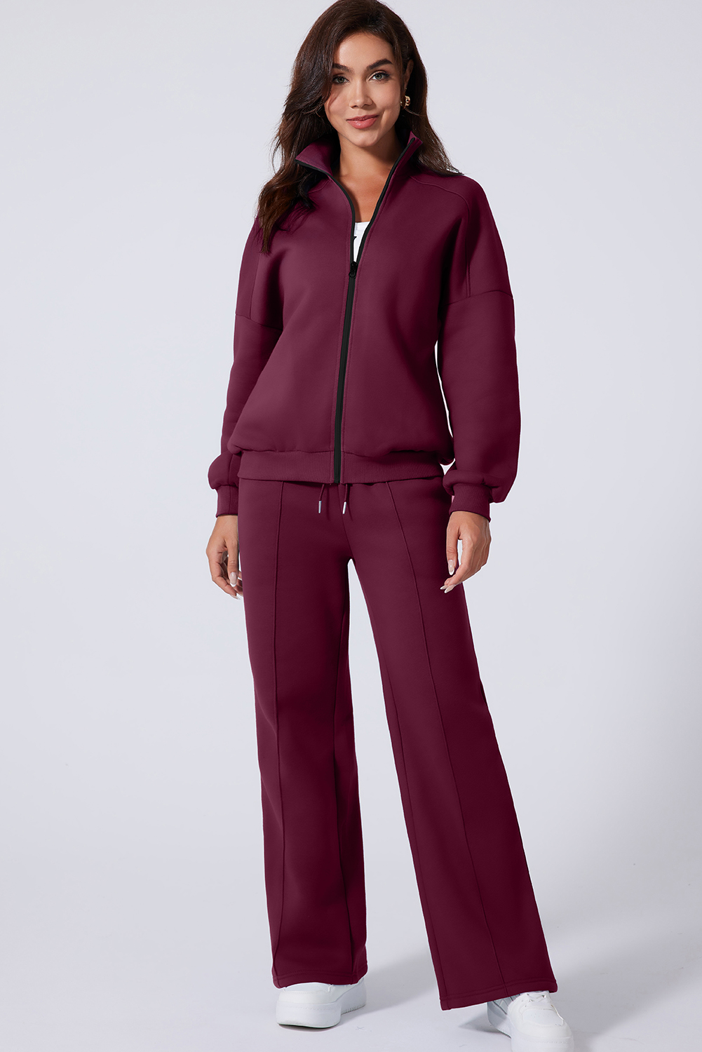 Navy Blue Drop Shoulder Zip Up Jacket Drawstring Pants Active 2pcs Set