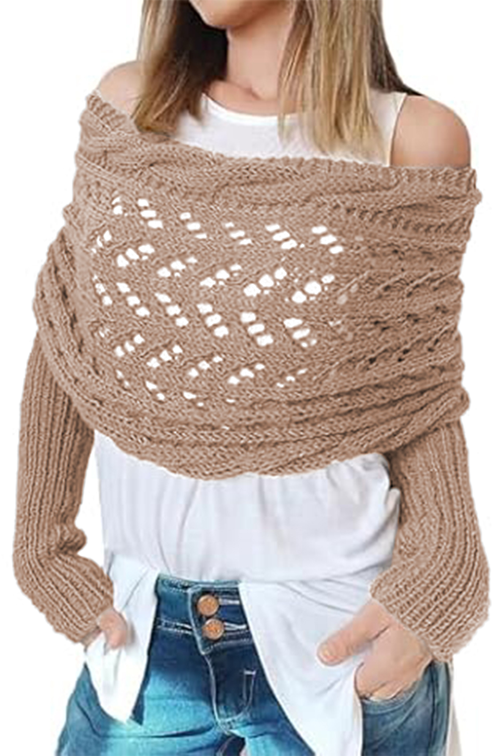 Gray Cross Detail Hollowed Knit Scarf with Sleeves