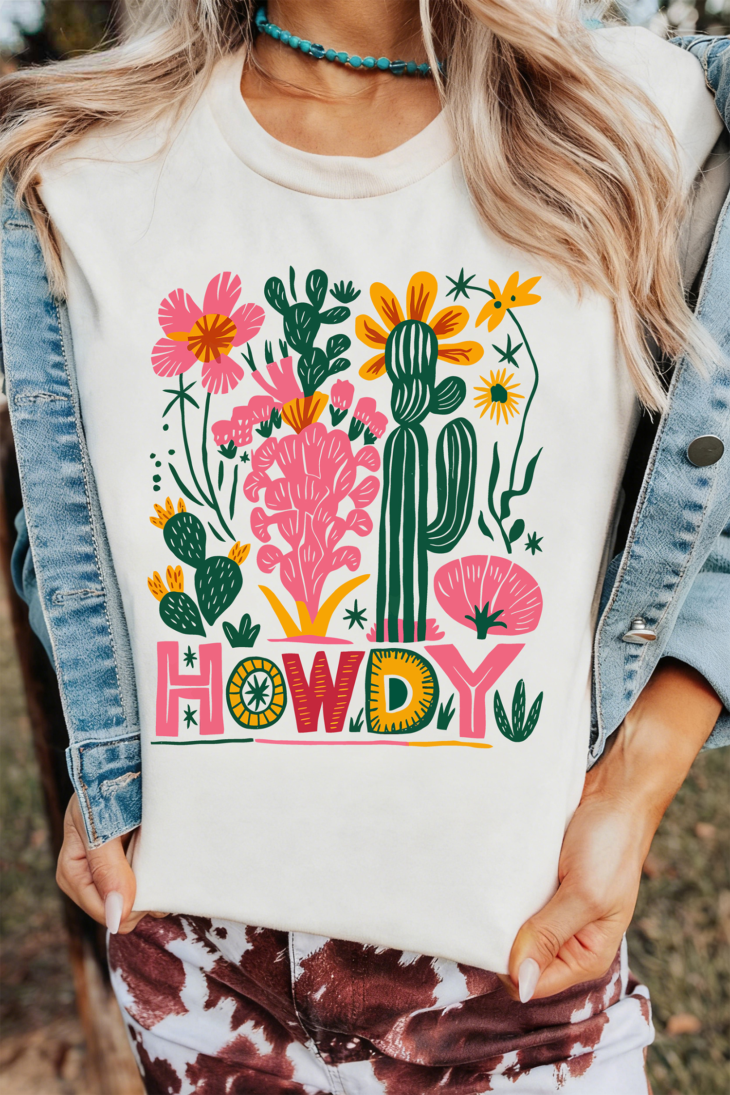 White HOWDY Cactus Flower Printed Cowgirl Fashion Tee
