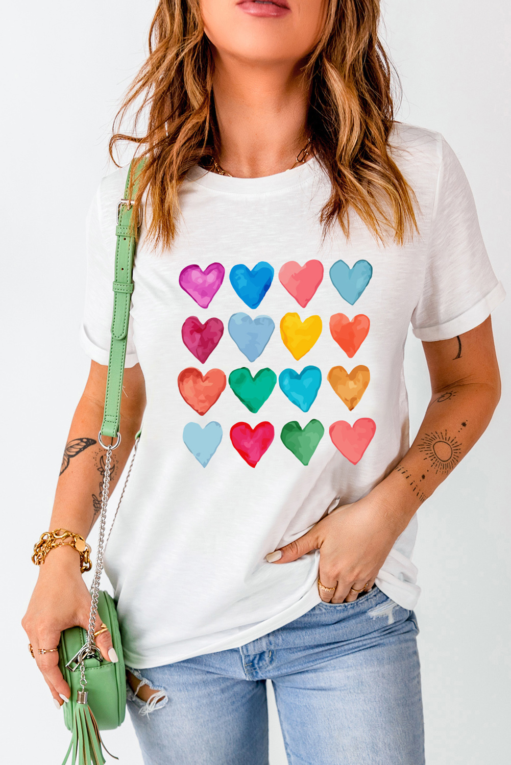 Red Leopard Striped Heart Shaped Print Crew Neck T Shirt