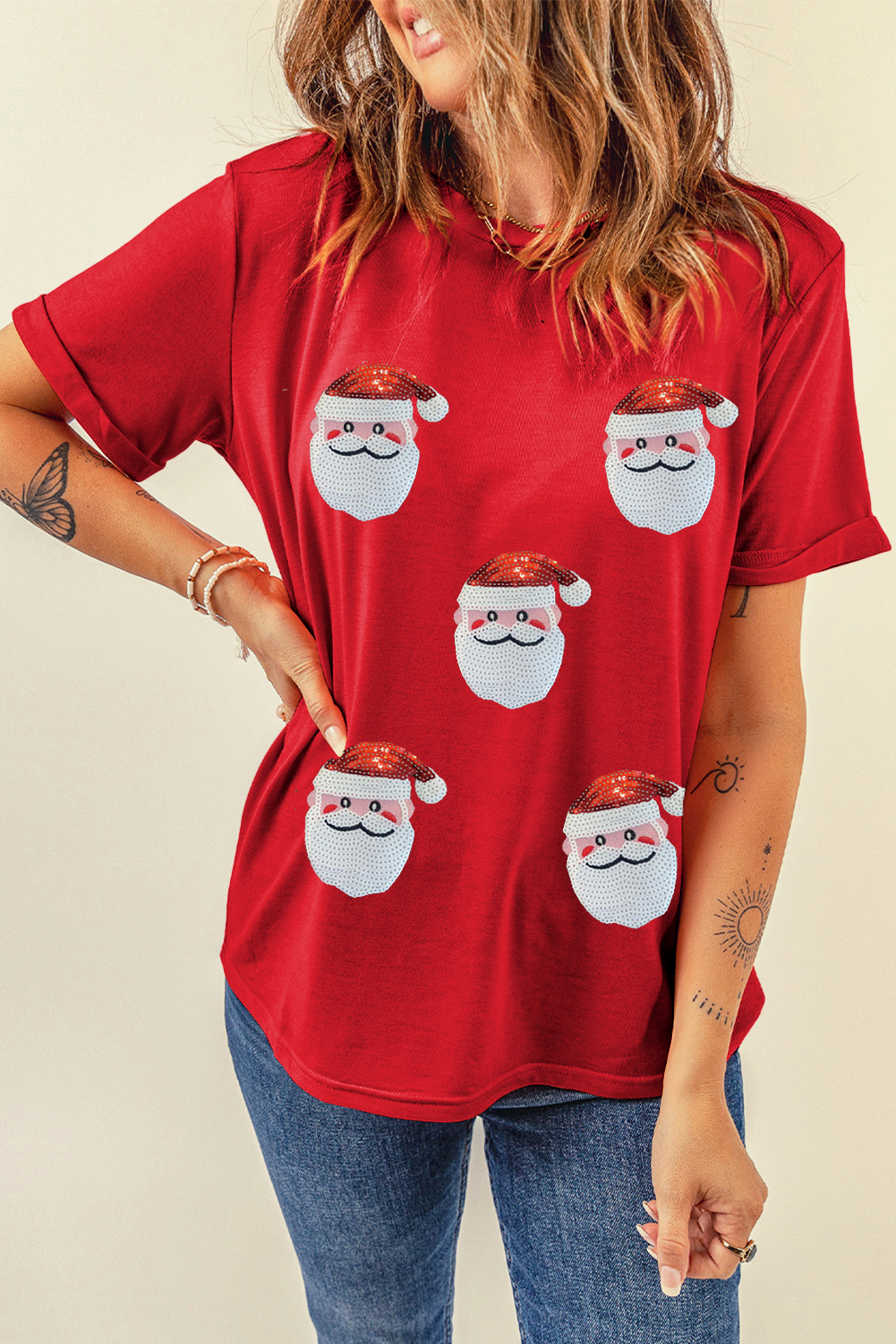 Black Faux Sequin Christmas Claus Pattern Crewneck T Shirt