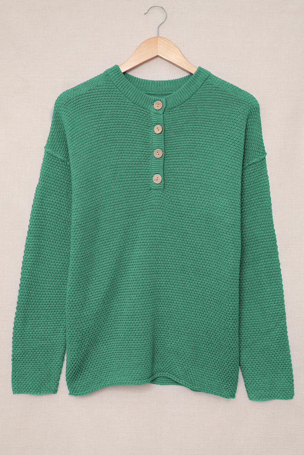 Green Henley Pullover Drop Shoulder Sweater with Slits