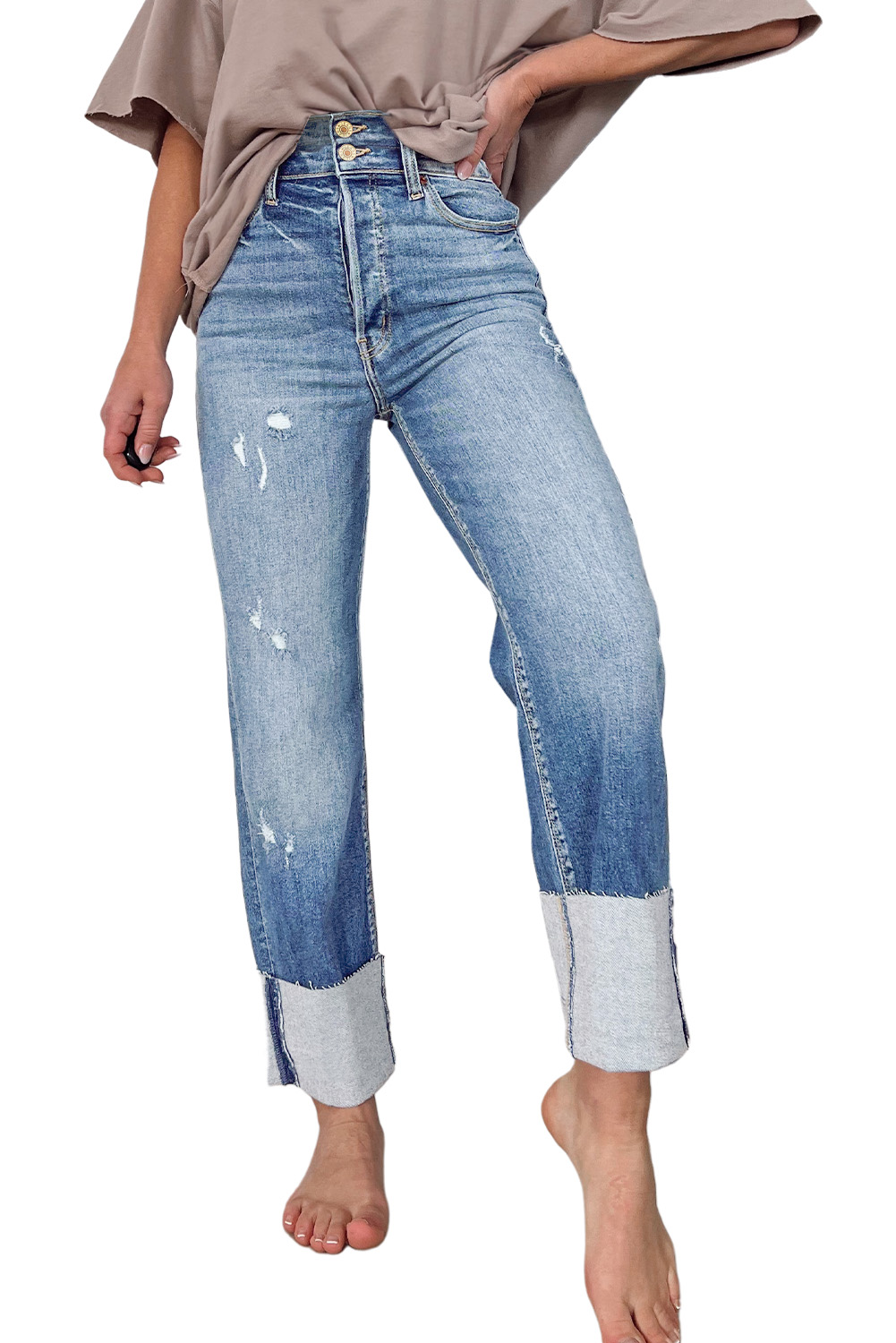 High Waist Distressed Straight Leg Jeans