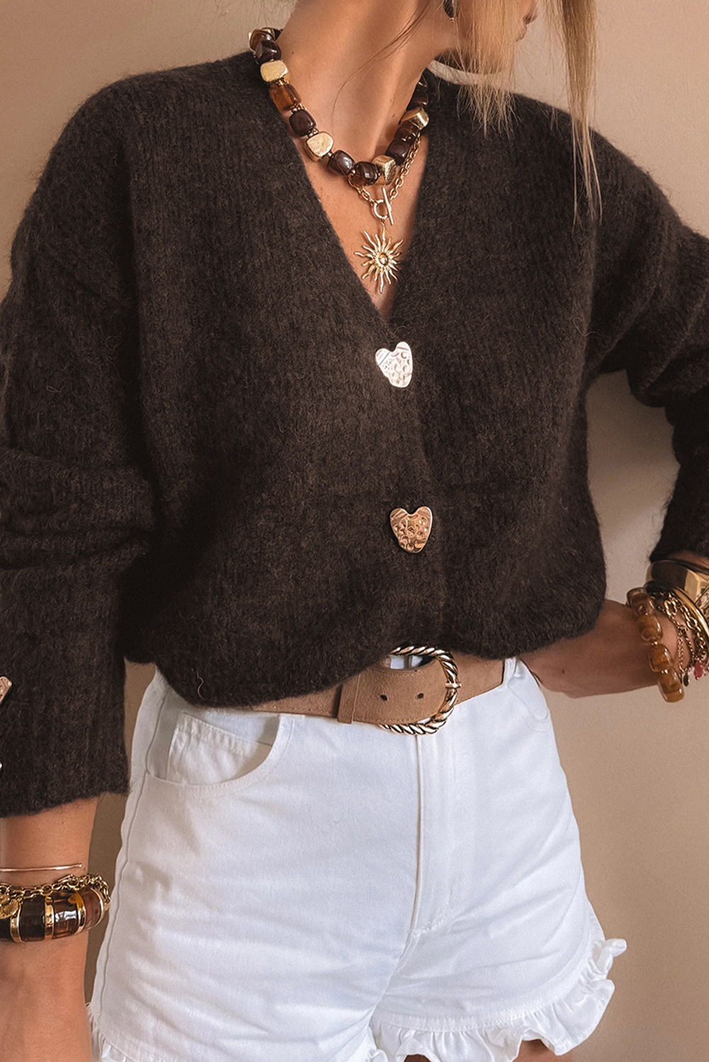 Fiery Red Heart Metal Button V Neck Cardigan Sweater