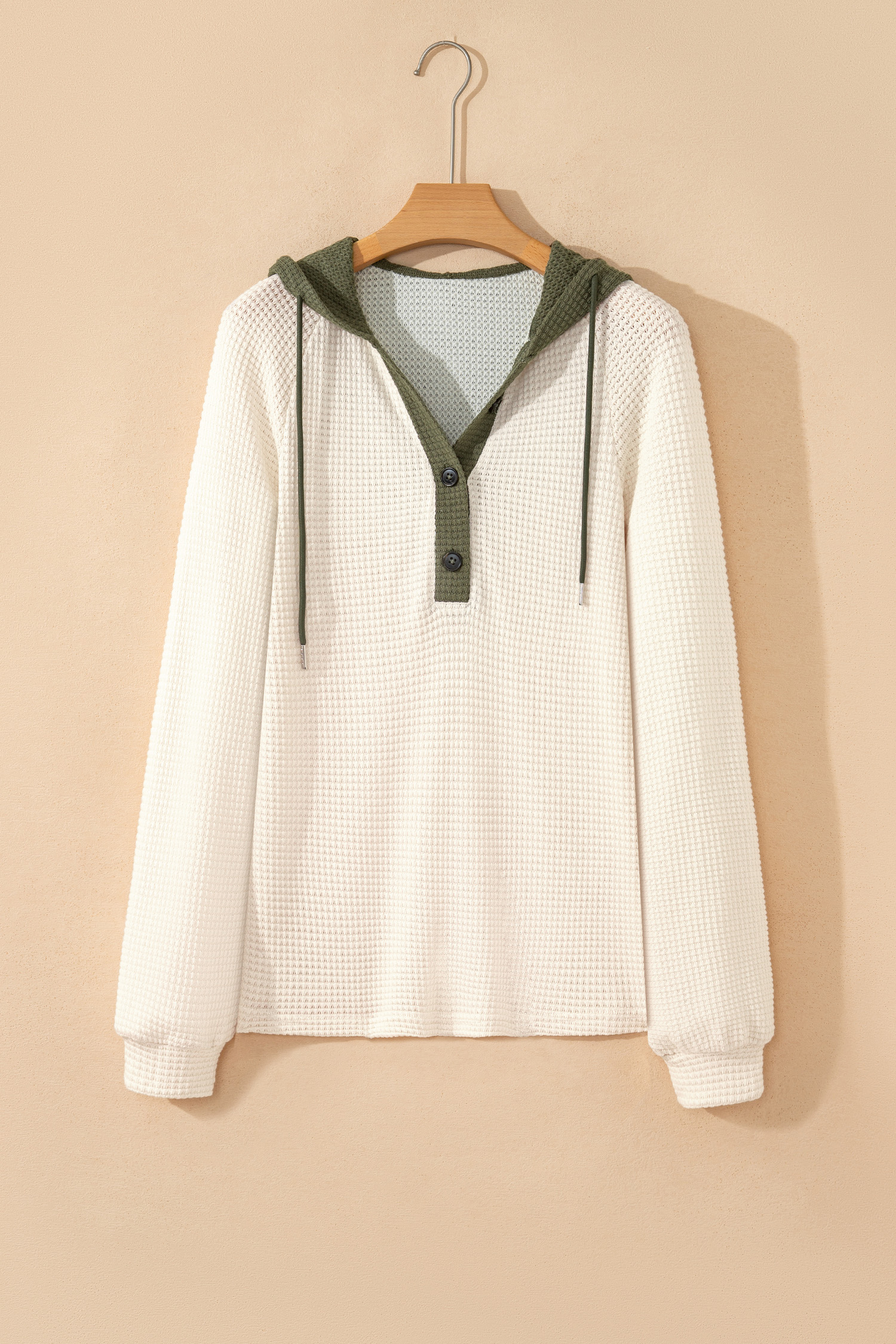 Coffee Waffle Contrast Half Buttoned Hooded Pullover Top