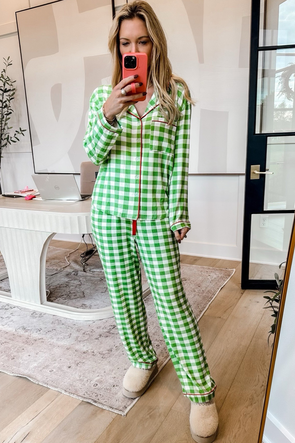 Fiery Red Christmas Plaid Print Shirt and Pants Pajama Set