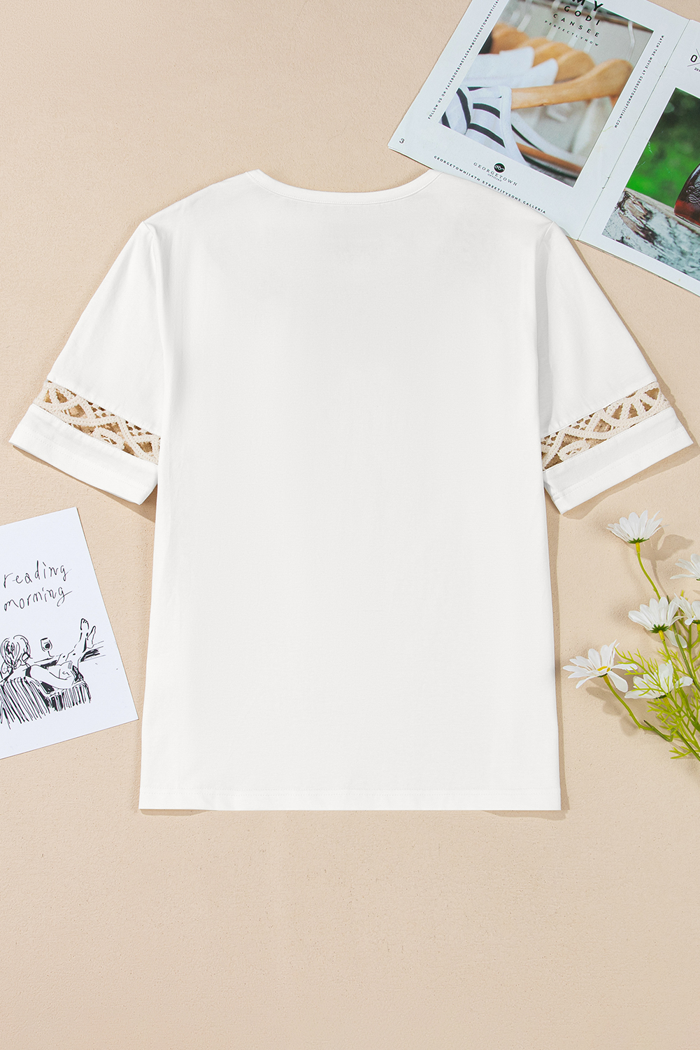 White Lace Crochet Crew Neck Casual T Shirt