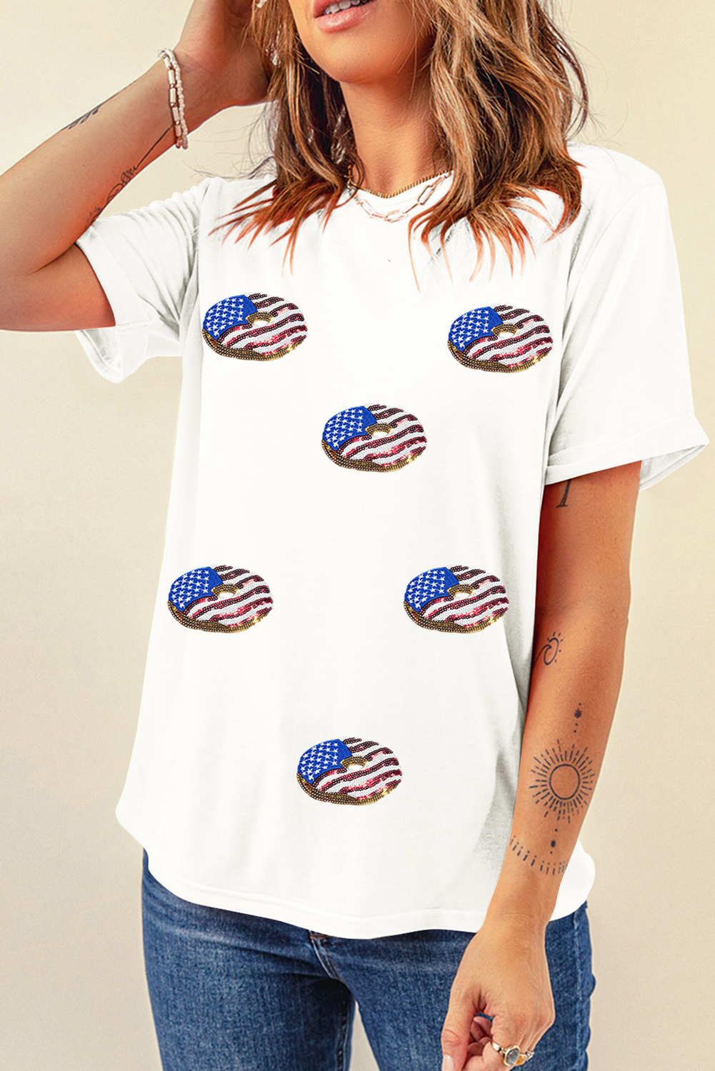 White Sequined Flag Pattern Donuts Graphic T Shirt