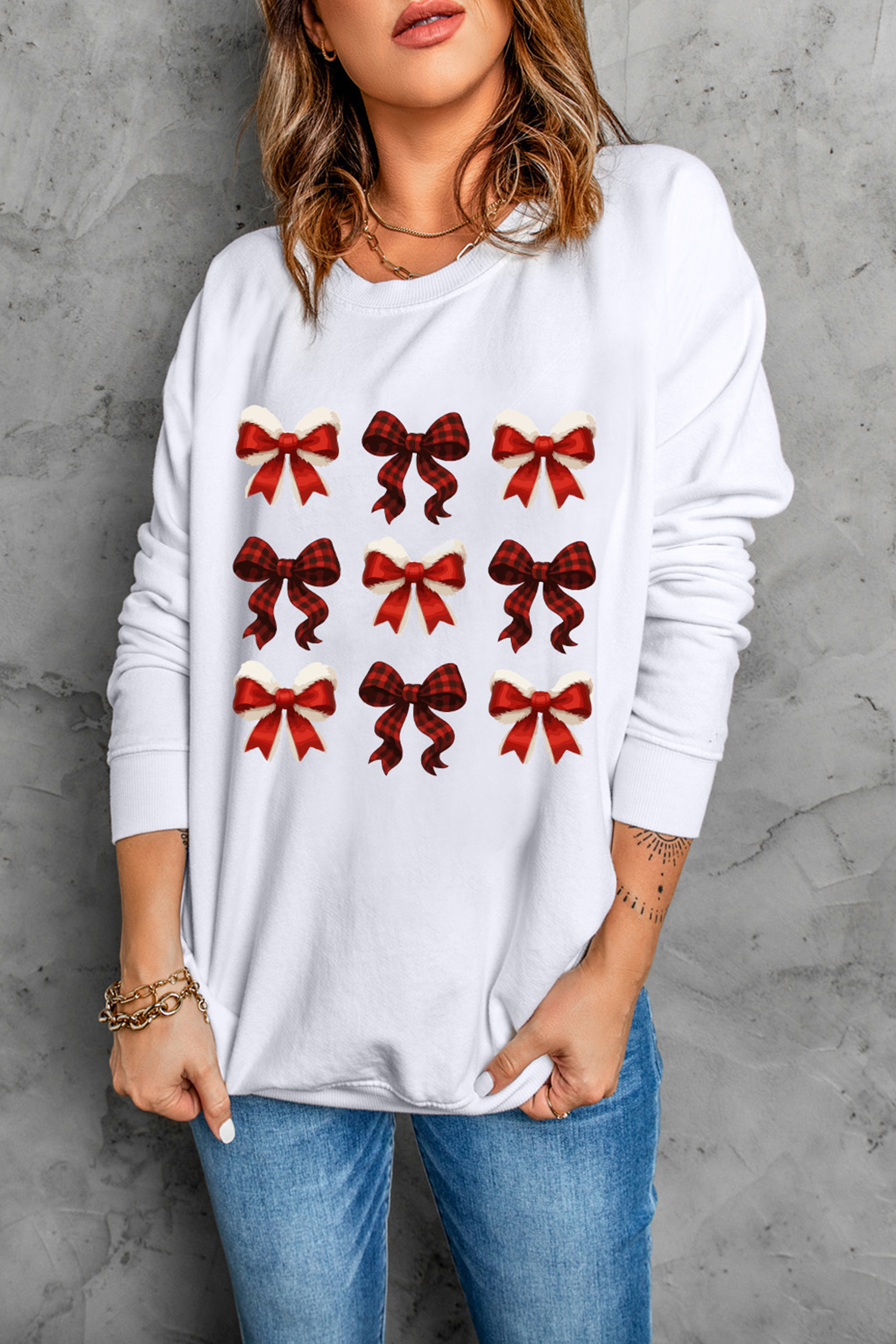 White Festive Bow Graphic Christmas Holiday Classic Sweatshirt