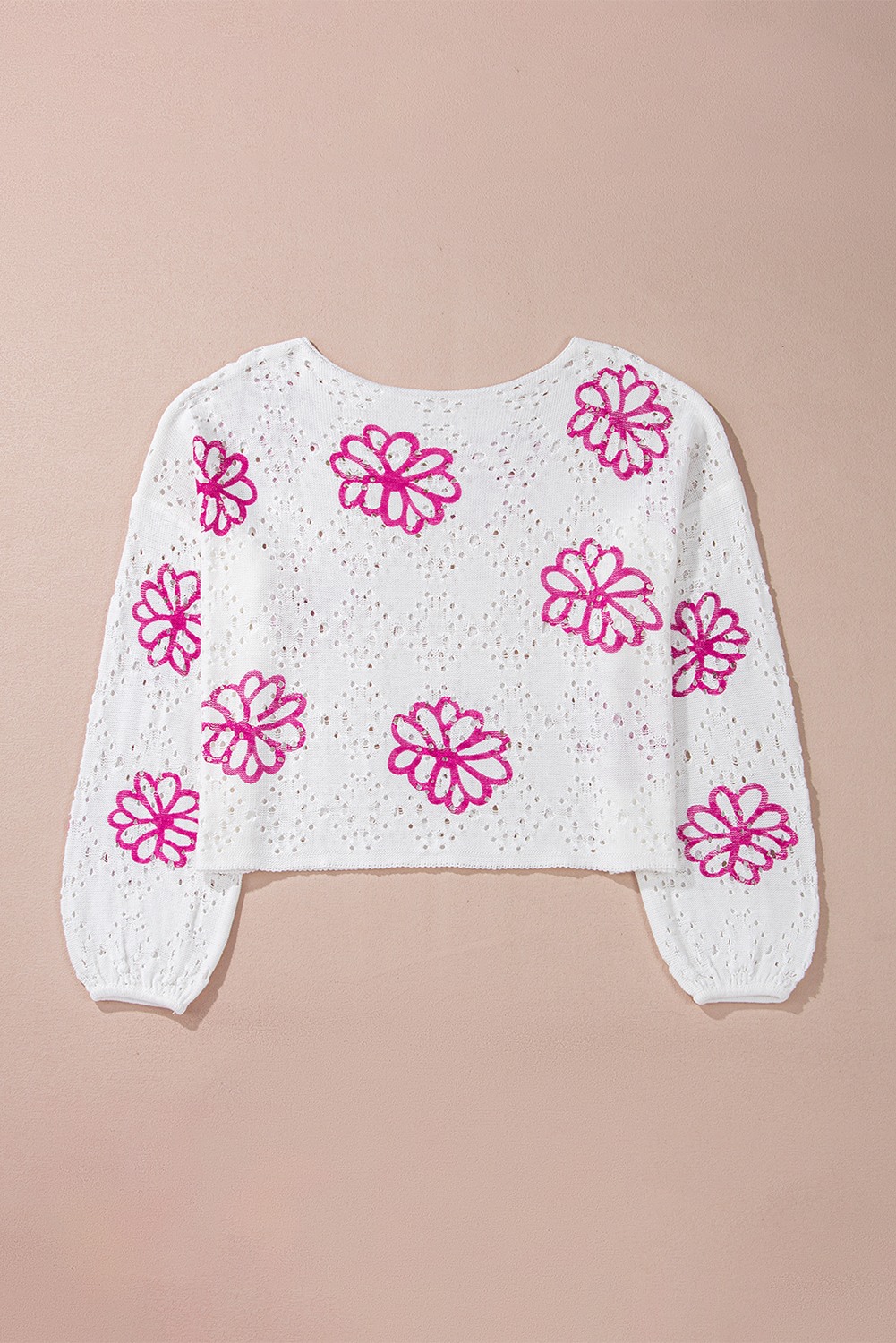 Beige Contrast Flower Print Eyelet Drop Shoulder Sweater