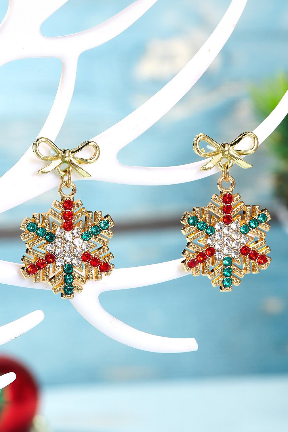 Gold Plated Bow Stud Rhinestone Embellished Snowflake Earrings