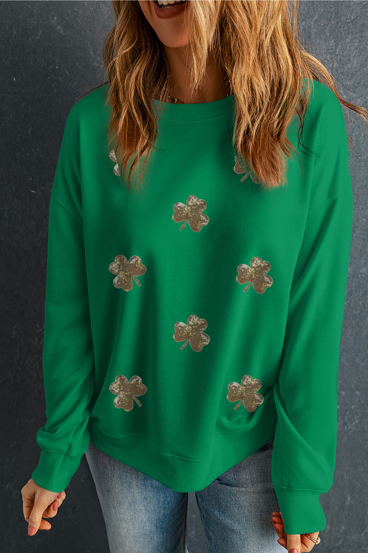 Dark Green Sequin Shamrock Irish Festive Graphic Sweatshirt