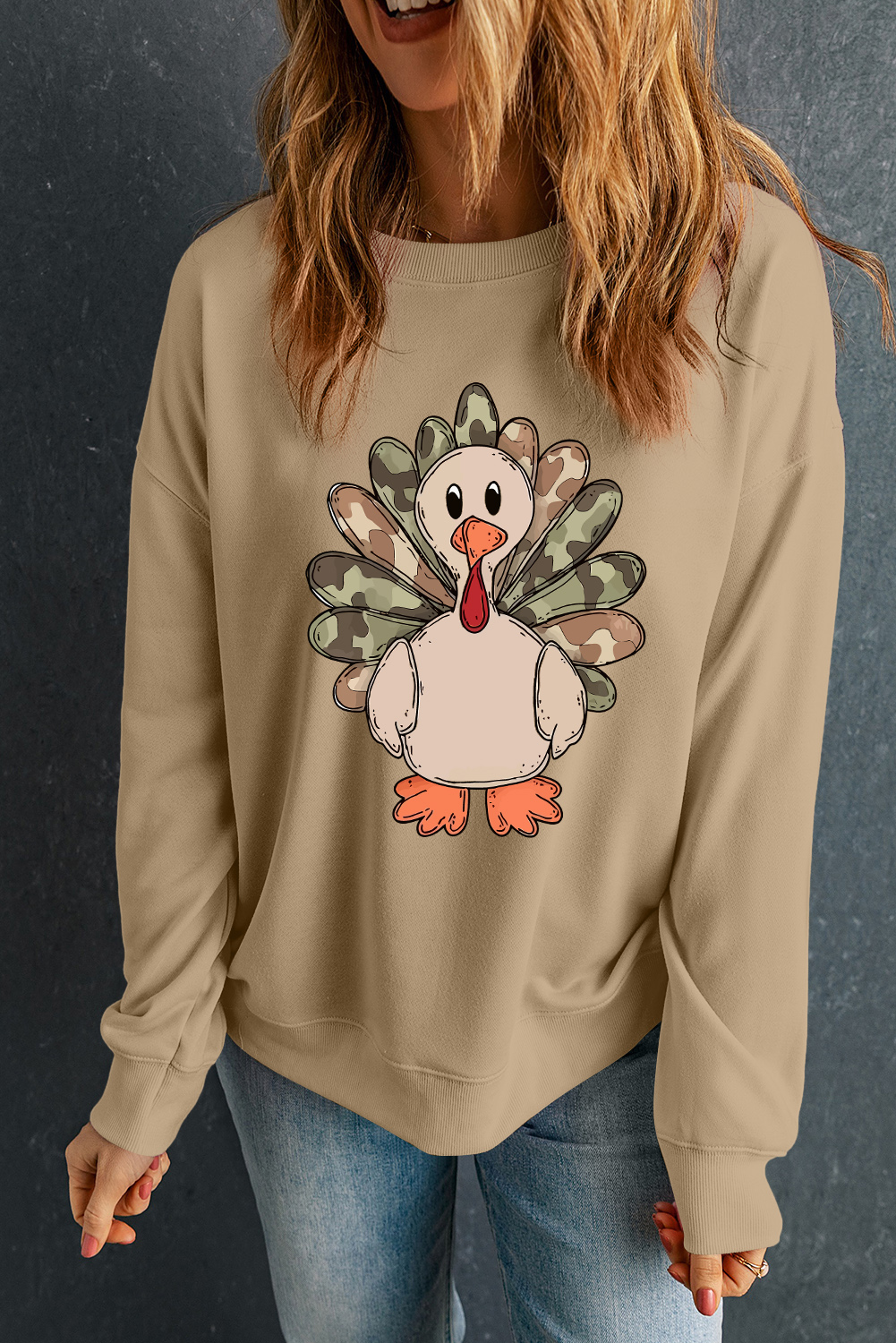 Khaki Camouflage Turkey Print Thanksgiving Fashion Graphic Sweatshirt