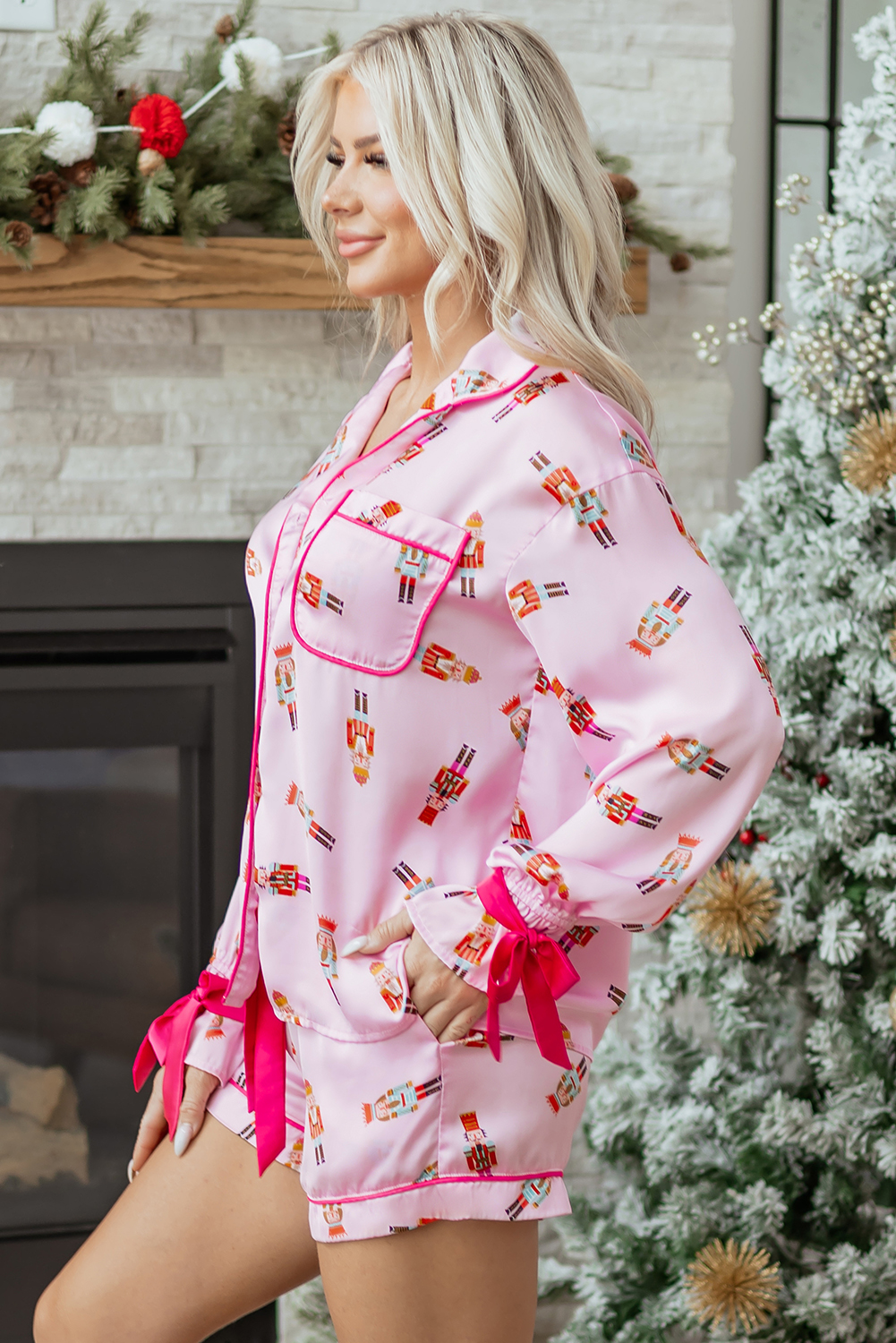 Pink Nutcracker Print Contrast Trim Tied up Bow Silky 2pcs Pajama Set