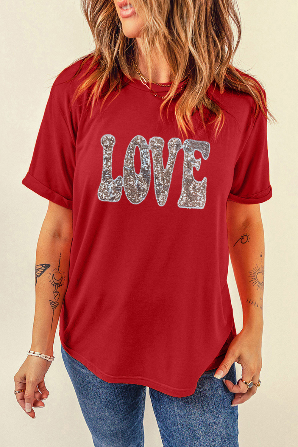 Red Leopard Striped Heart Shaped Print Crew Neck T Shirt