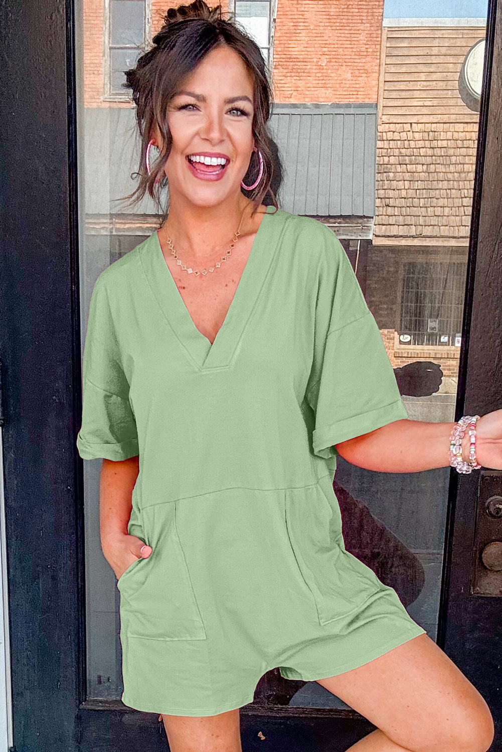Bonbon Loose Half Sleeve V Neck Knit Romper