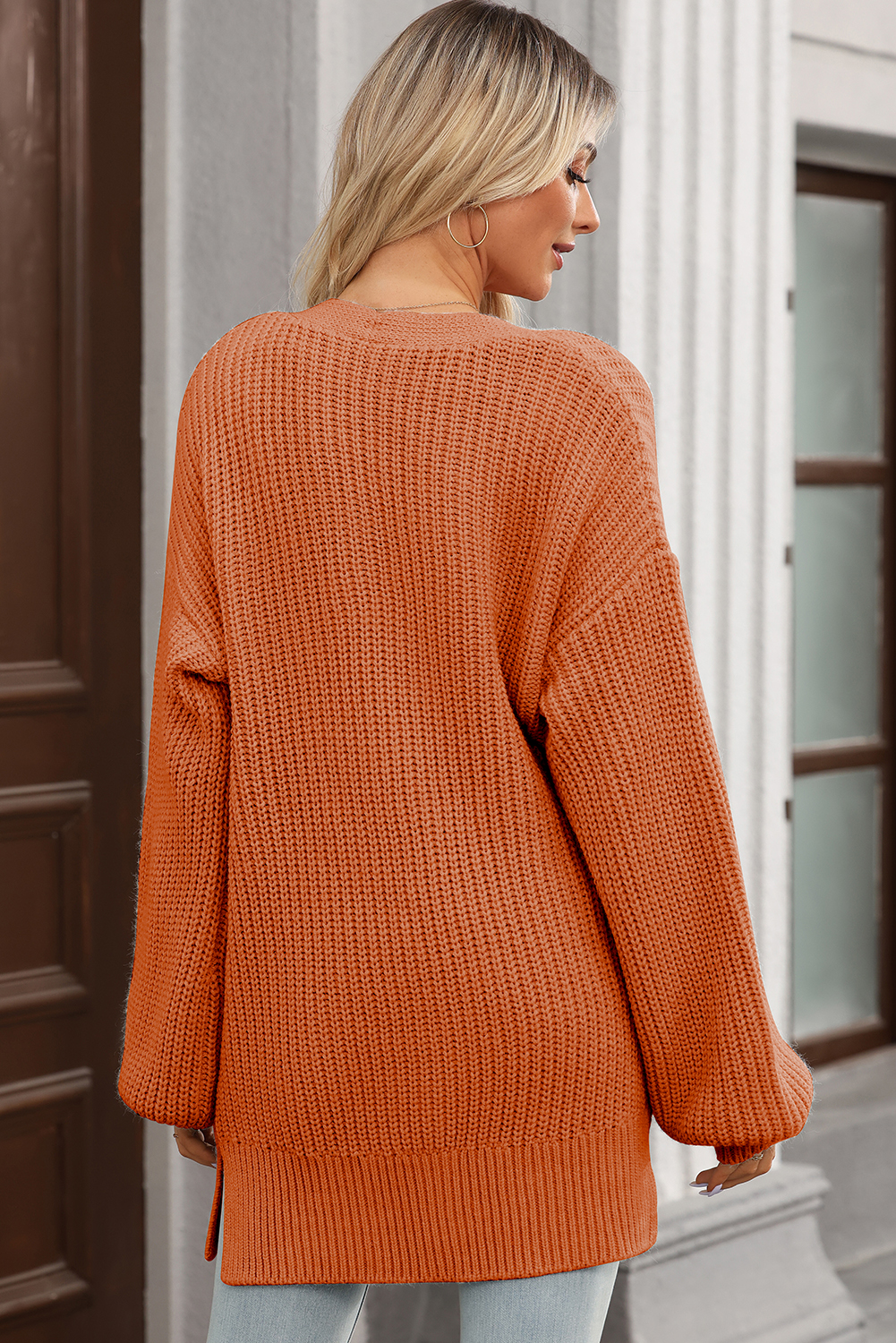 Gold Flame Button Front V Neck Chunky Cardigan Sweater
