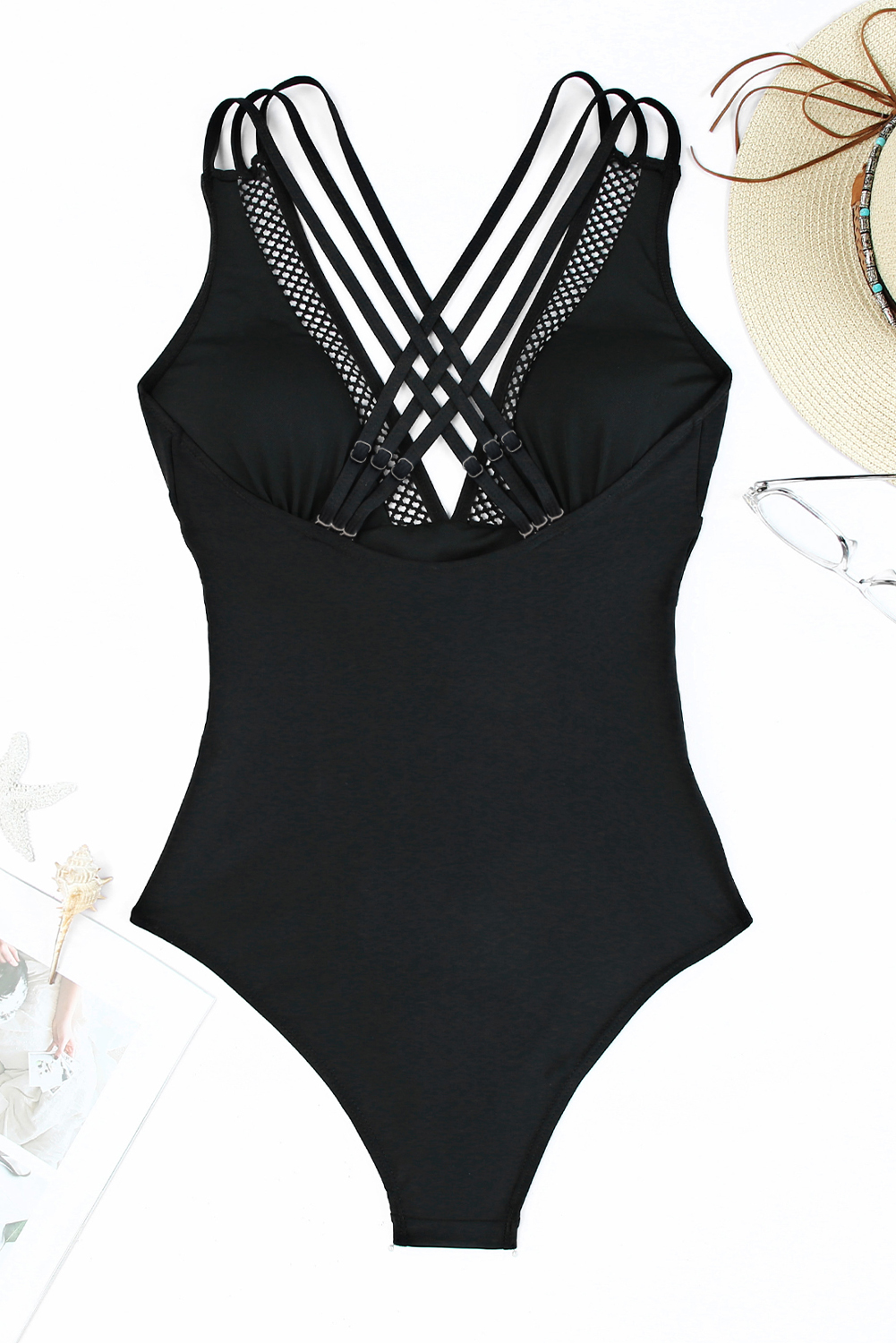 Dearlovers Black Solid Mesh One Piece Swimsuit