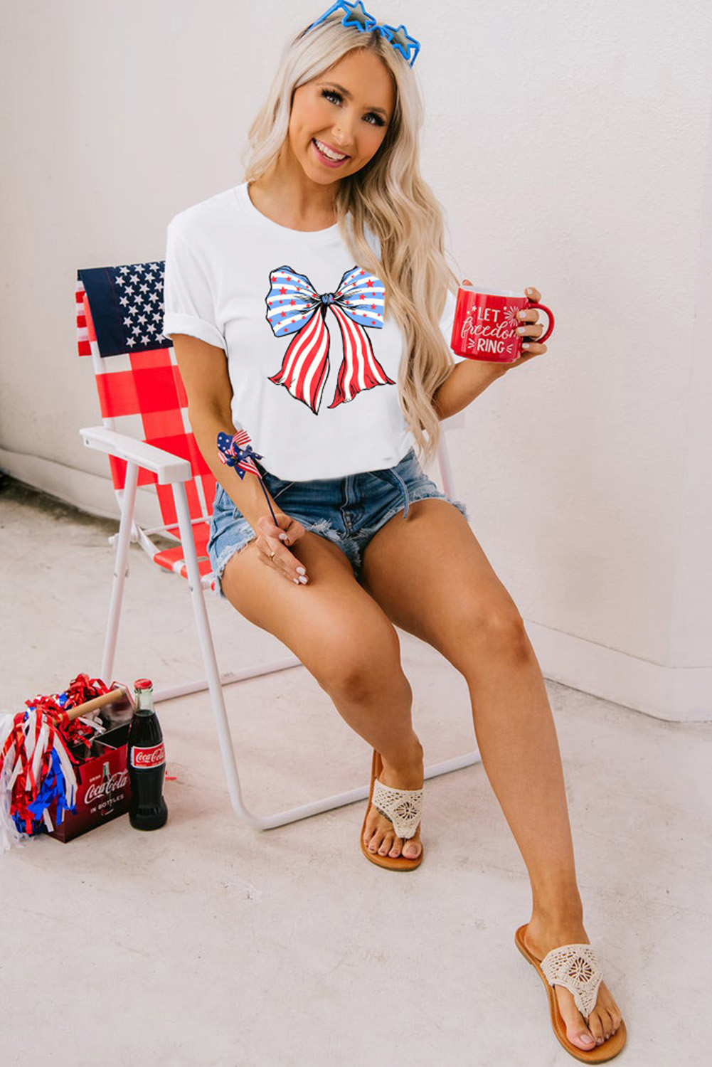 Khaki American Flag Bow Knot Print Round Neck T Shirt