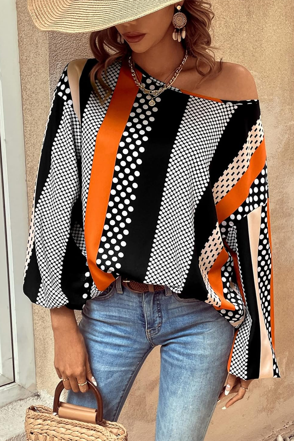 Black Striped Polka Dot Print Ruffled Hem V Neck Mini Dress
