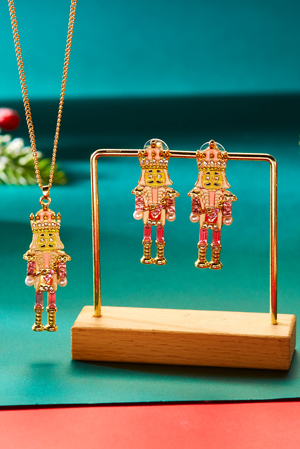 Pink Christmas Nutcracker Doll Alloy Gem Holiday Earrings