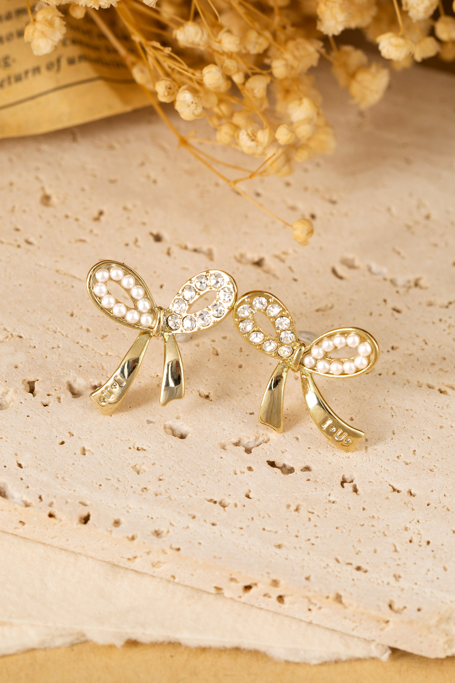 Gold Rhinestone Pearl Bow Earrings