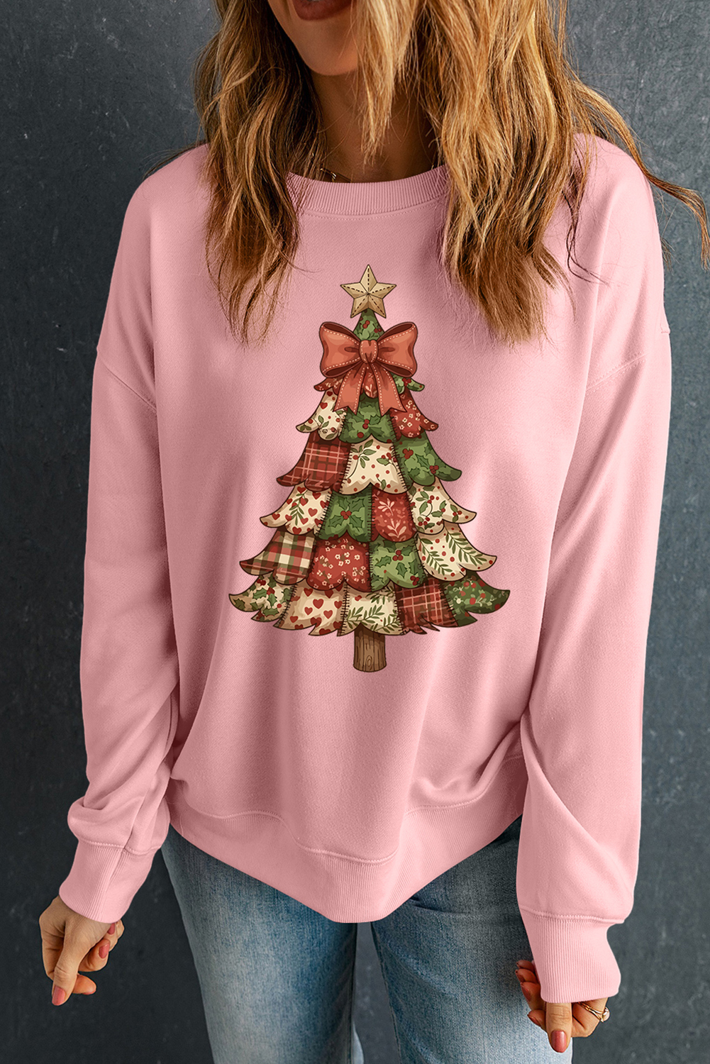 Pink Christmas Tree Graphic Womens Baggy Sweatshirt