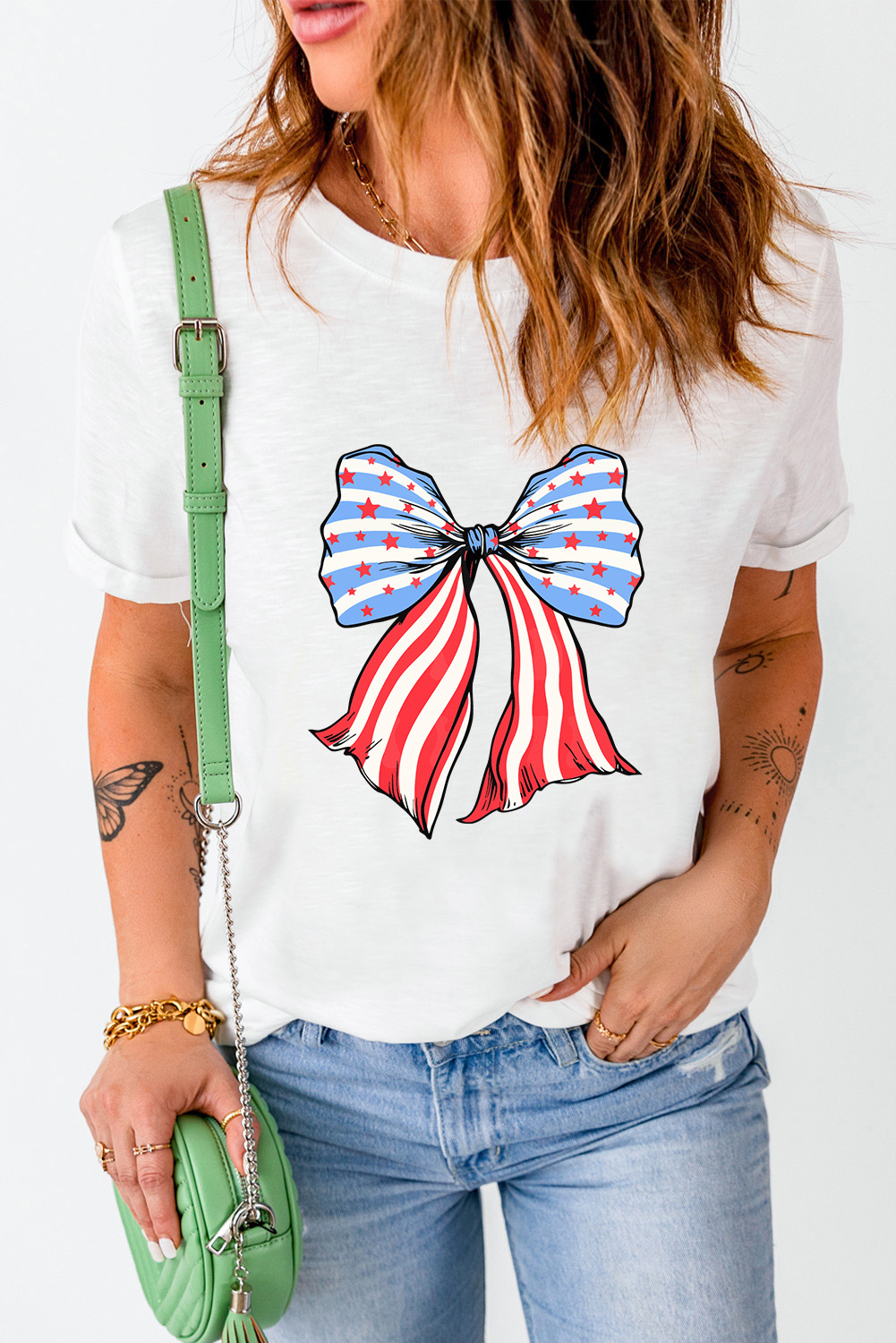 Khaki American Flag Bow Knot Print Round Neck T Shirt