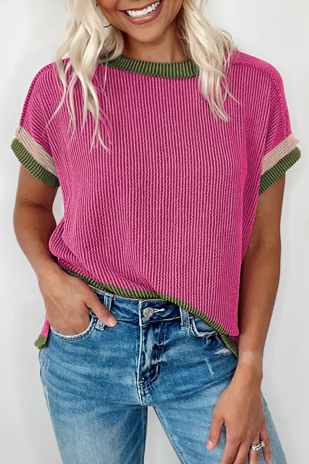 White Textured Knit Exposed Stitching T-shirt