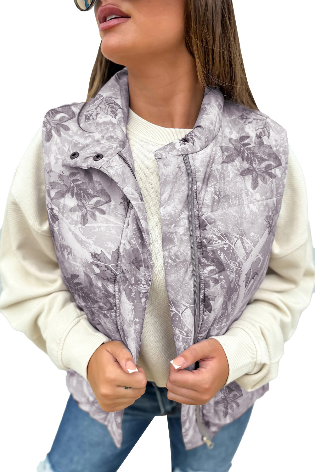 Brown Camo Leaf Print Winter Puffer Vest