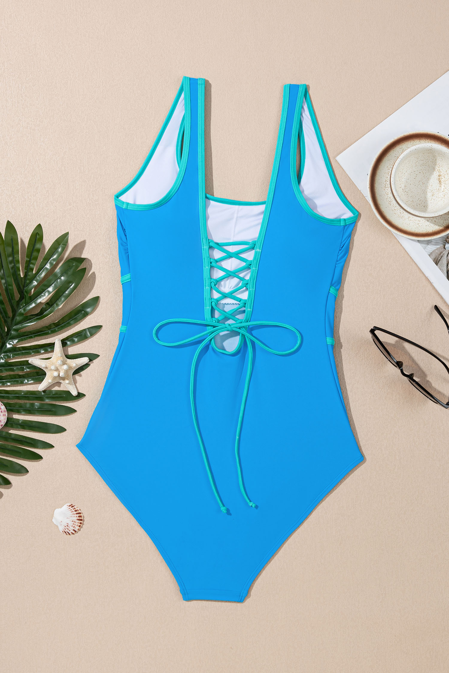 Navy Blue Contrast Trim Lace-up Back One Piece Swimsuit