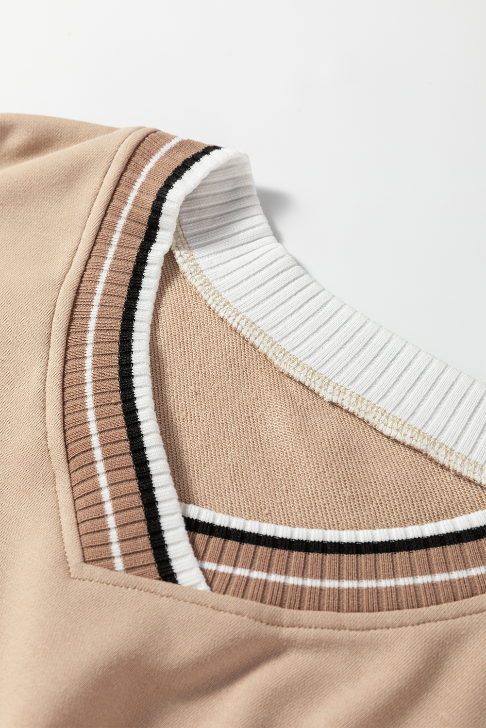 Gray Varsity Contrast Striped Trim V Neck Sweatshirt