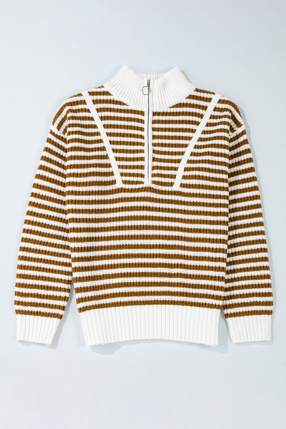 Black Stripe Zip up Collar Drop Shoulder Sweater