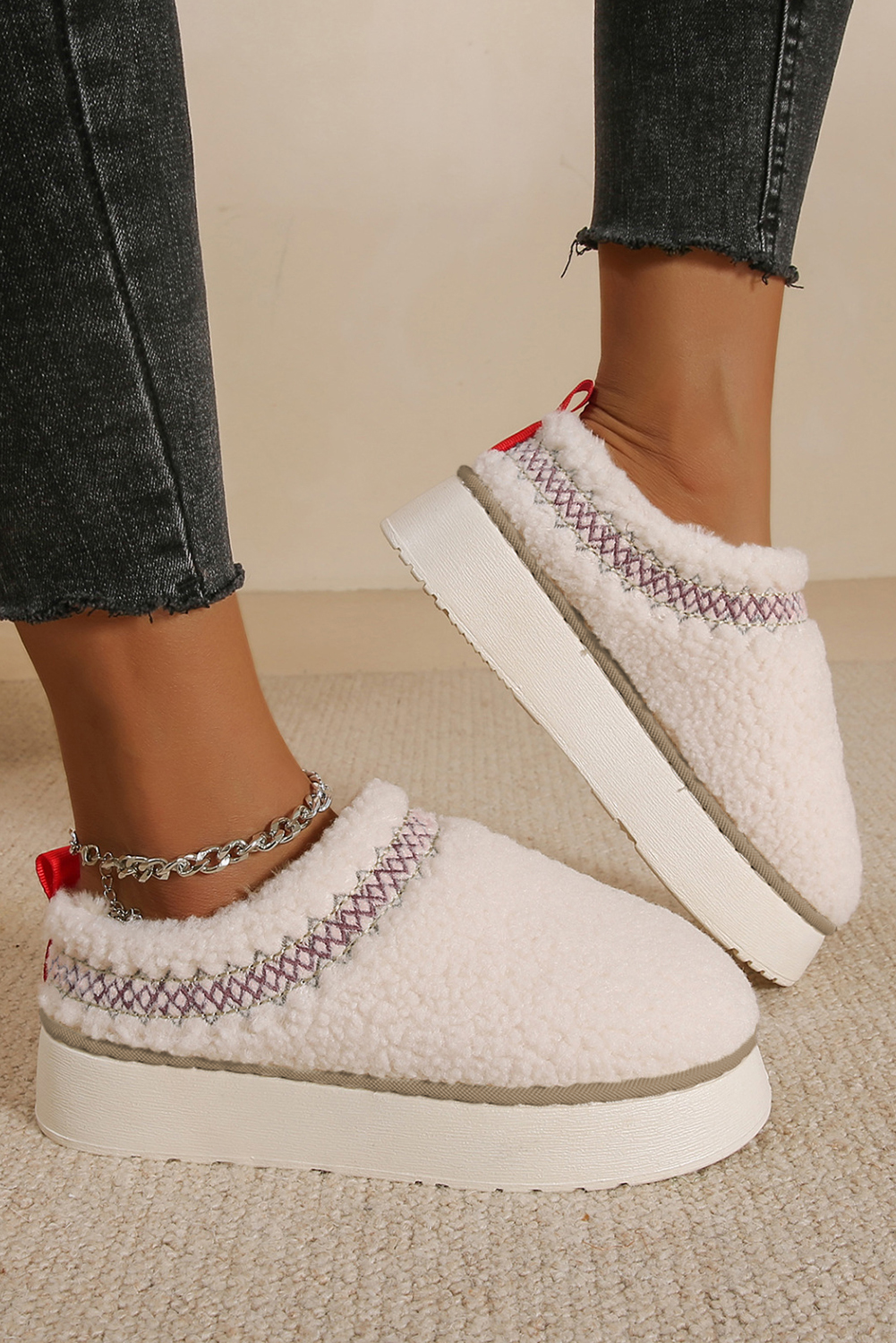Oatmeal Embroidered Sherpa Plush Thick Sole Snow Boots