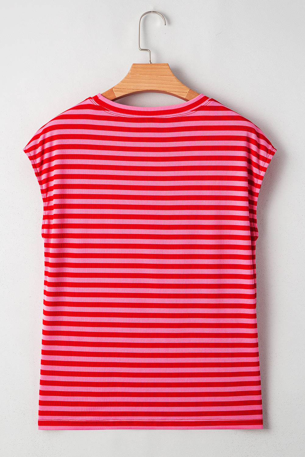 Sky Blue Stripe Ribbed Cap Sleeve Round Neck T Shirt