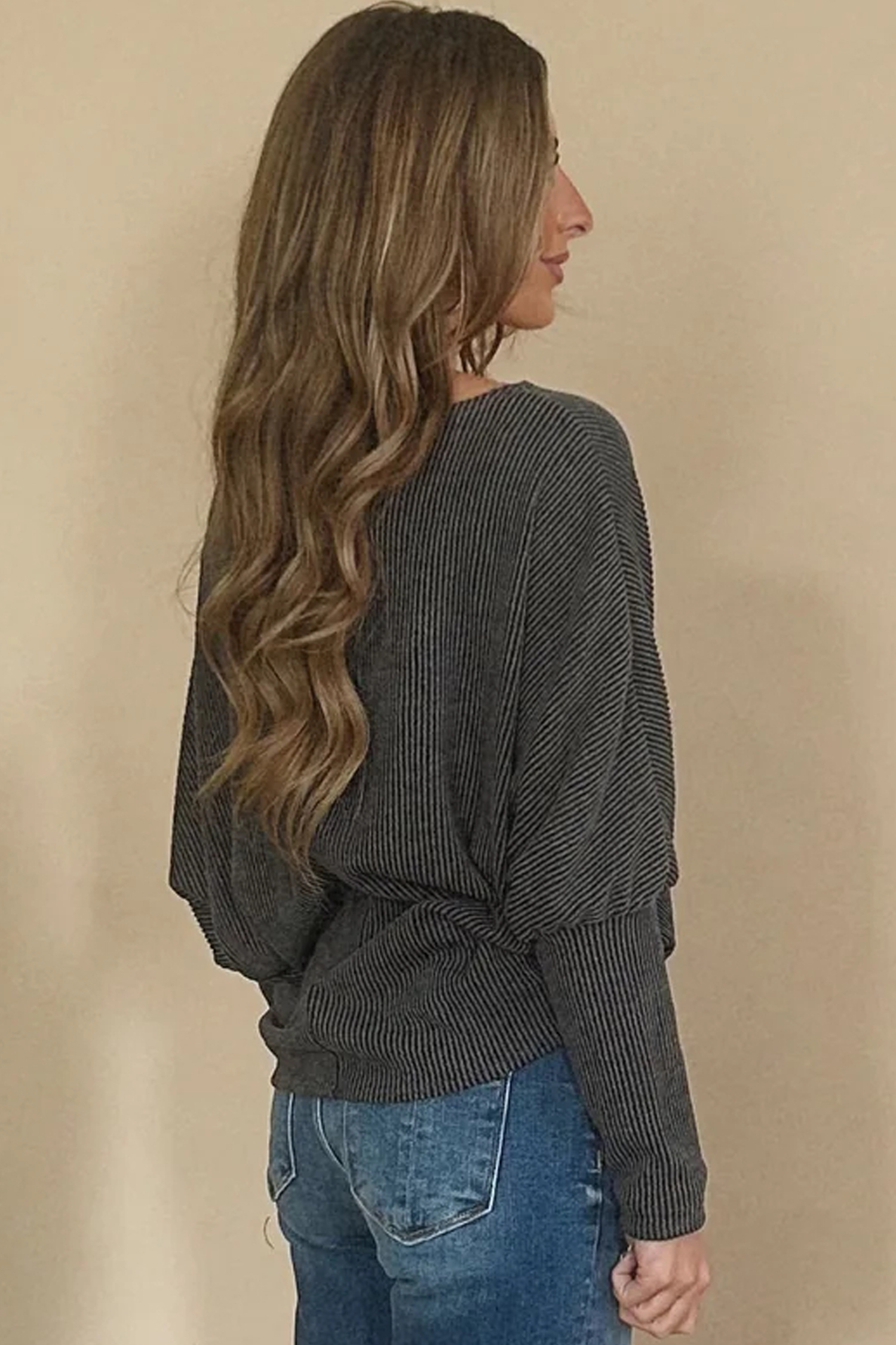 Carbon Grey Twisted Ribbed Dolman Long Sleeve Top