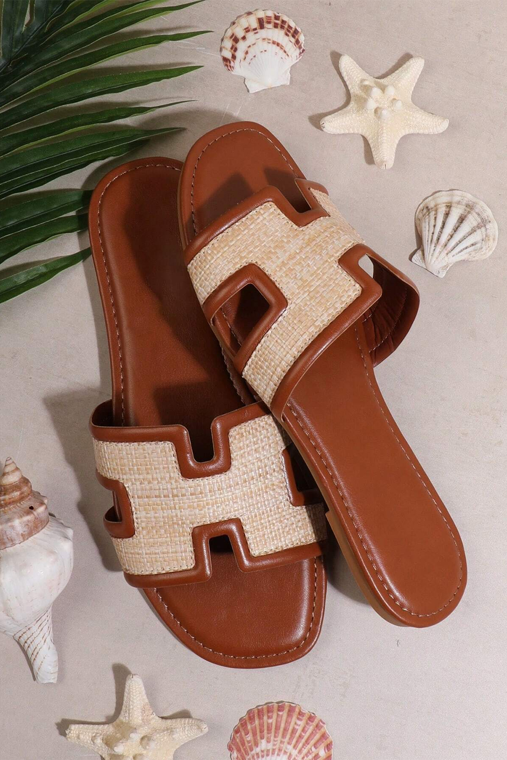 White Faux Raffia Detail Hollowed Open Toe Slippers