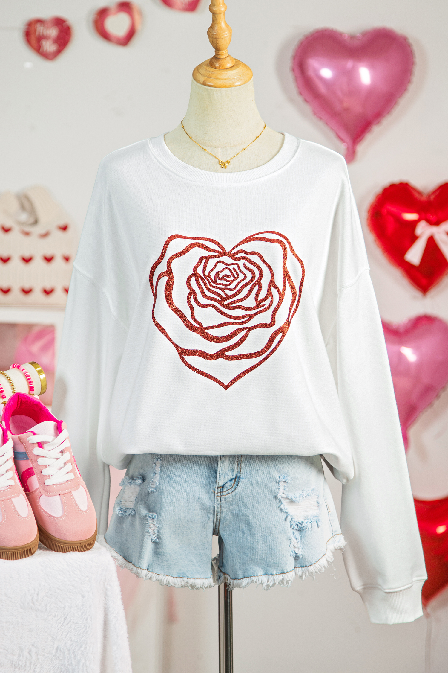 White Love Rose Shimmer Foil Printed Drop Shoulder Sweatshirt