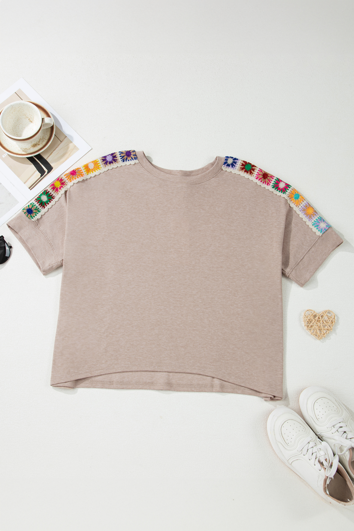 Light Grey Granny Square Crochet Detail Loose T Shirt