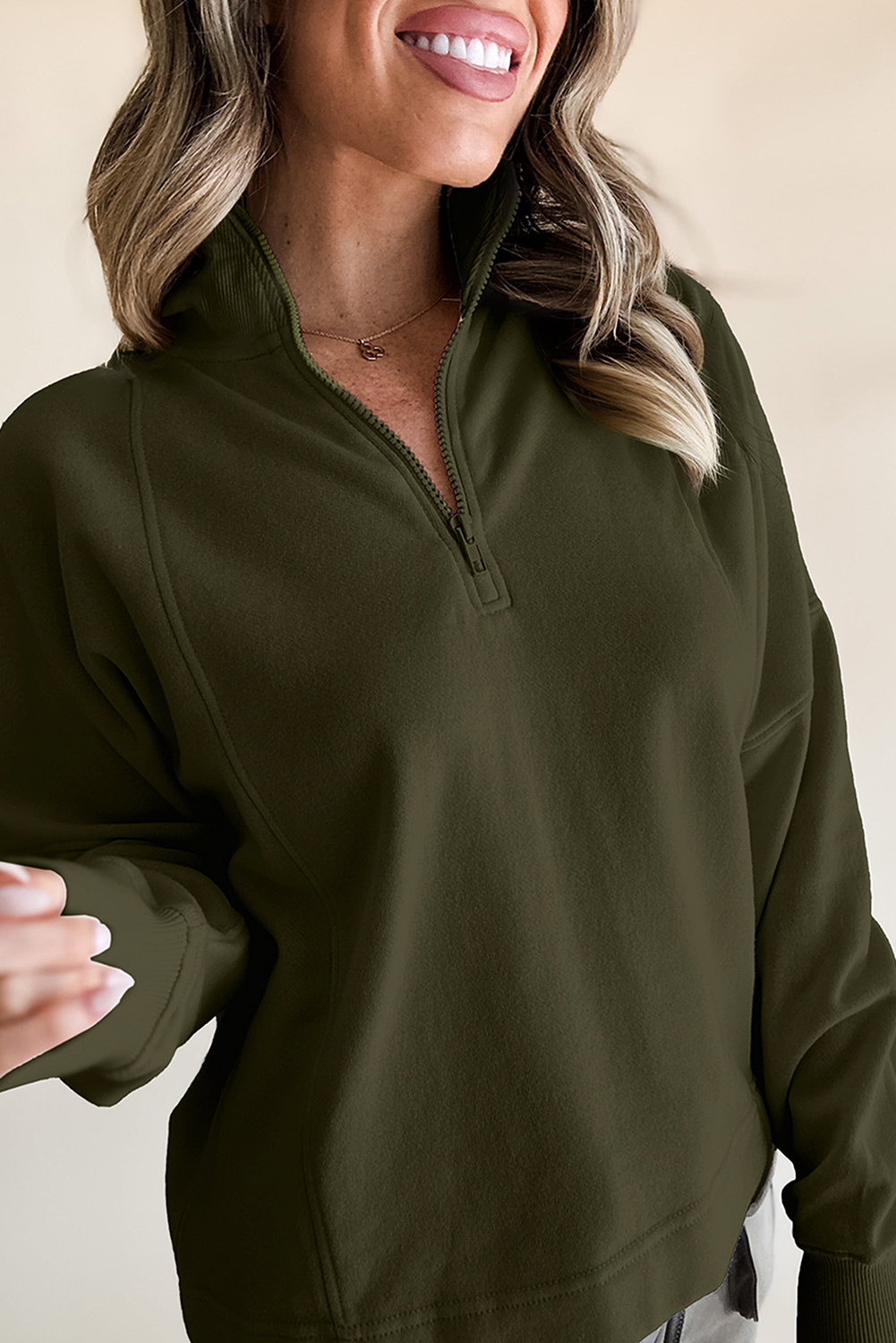 Fushia Zipped Neck Pullover Drop Shoulder Sweatshirt