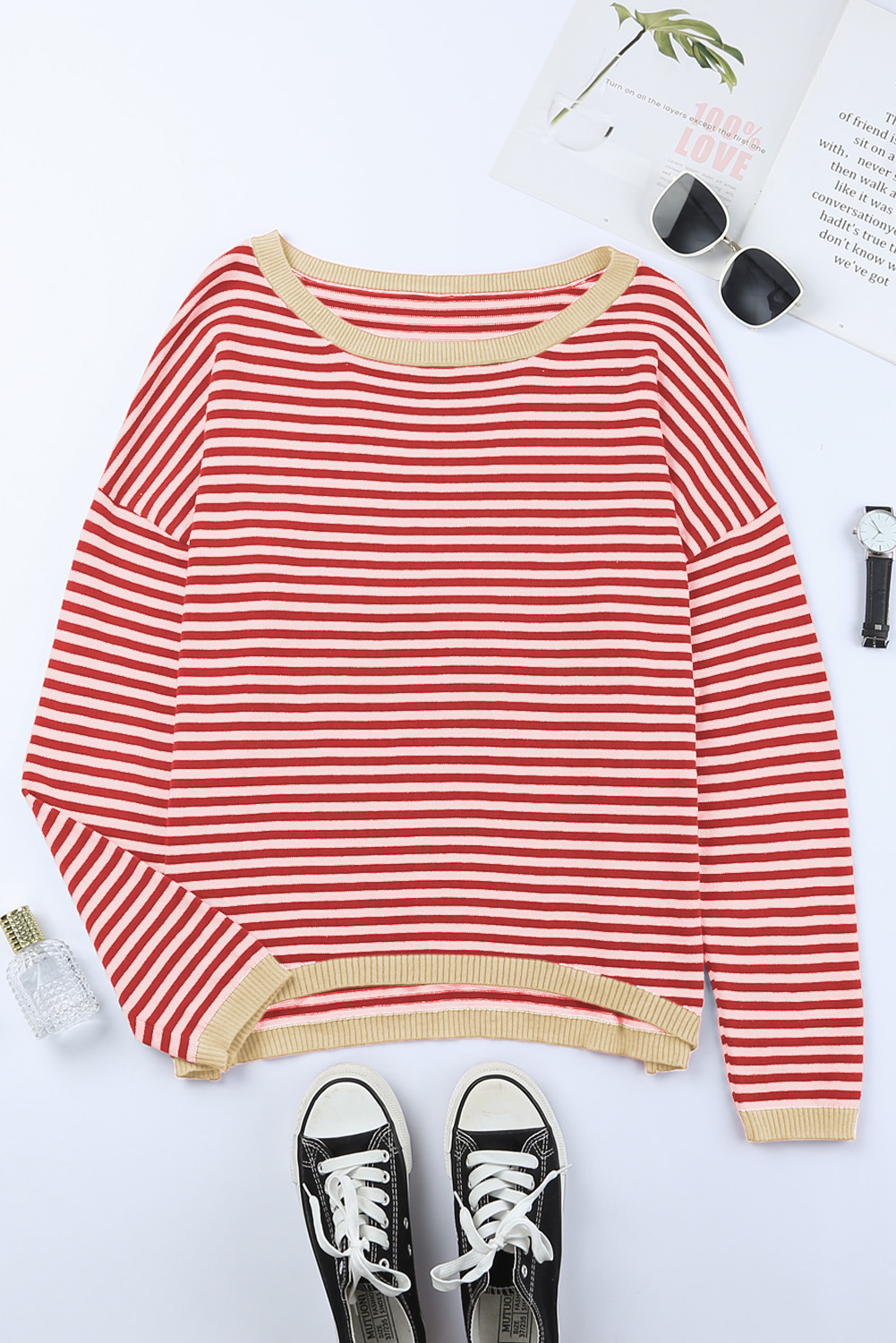 Fiery Red Striped Contrast Trimmed Drop Shoulder Sweater