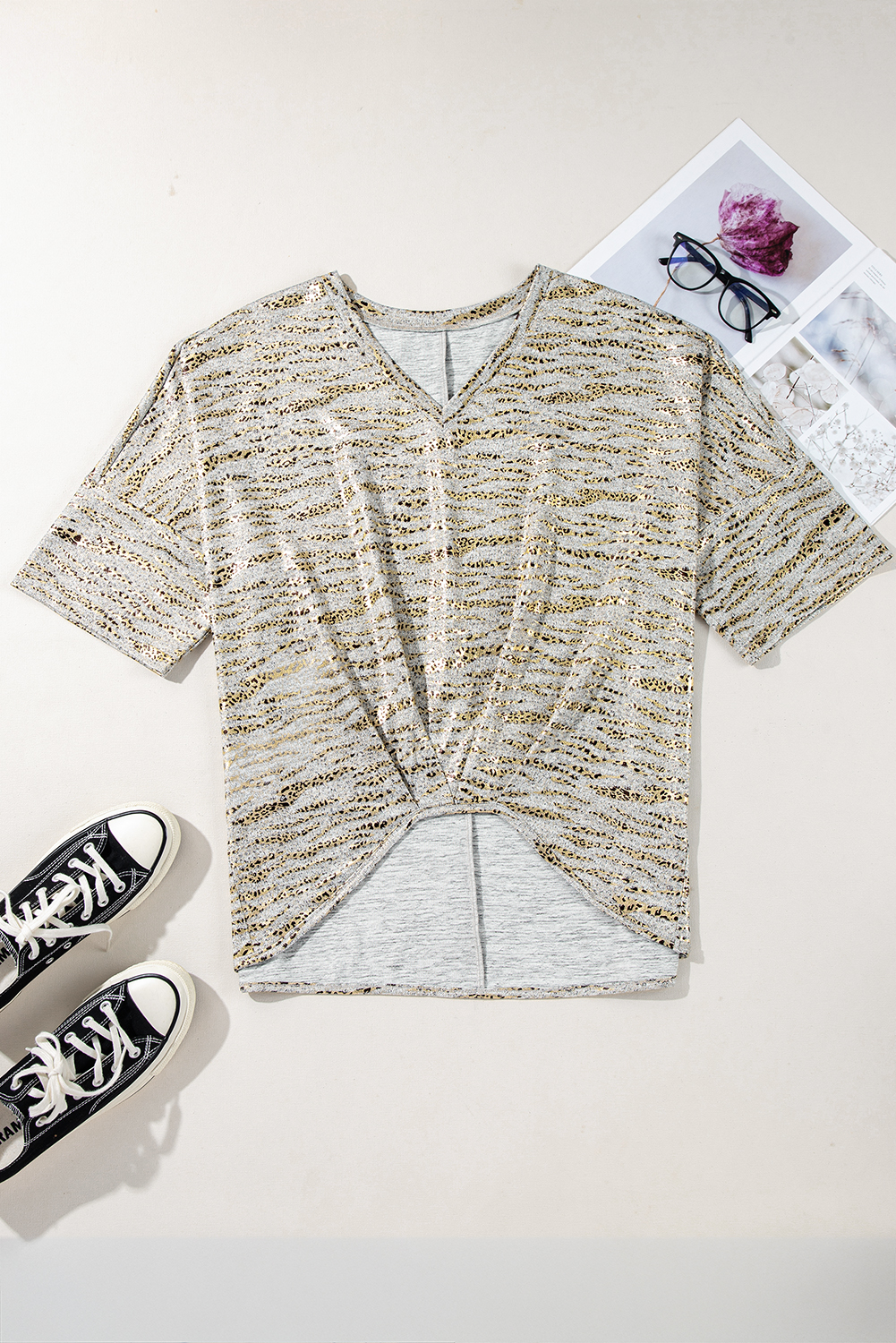 Gray Leopard Print Half Sleeve V Neck Loose Fit T Shirt