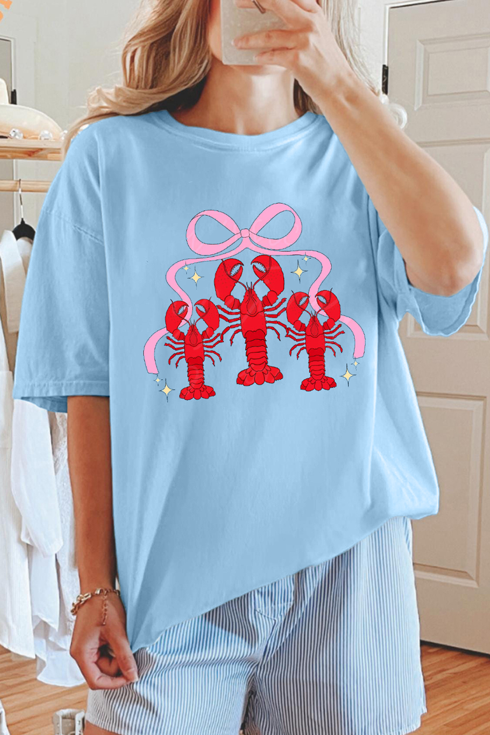 Light Blue Bow Crawfish Printed Relaxed Fit T Shirt