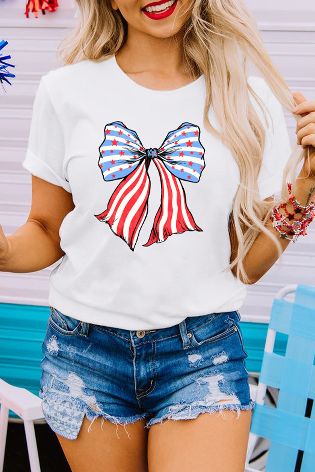 Khaki American Flag Bow Knot Print Round Neck T Shirt