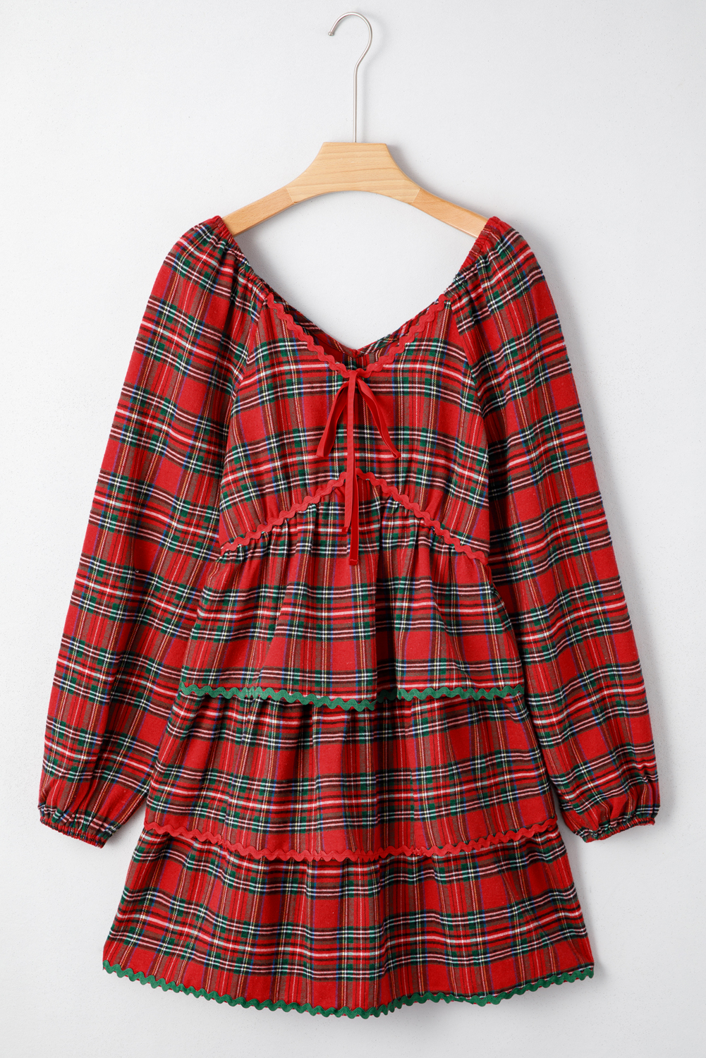 Red Plaid Print Ricrac Tiered Bubble Sleeve Mini Dress